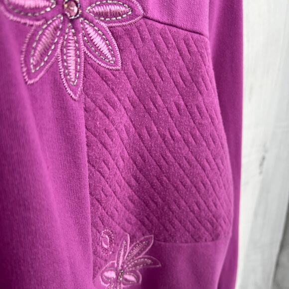 American VINTAGE LARGE 80s Pink Purple Floral Beaded Quilted Polo Sweater - Picture 5 of 7